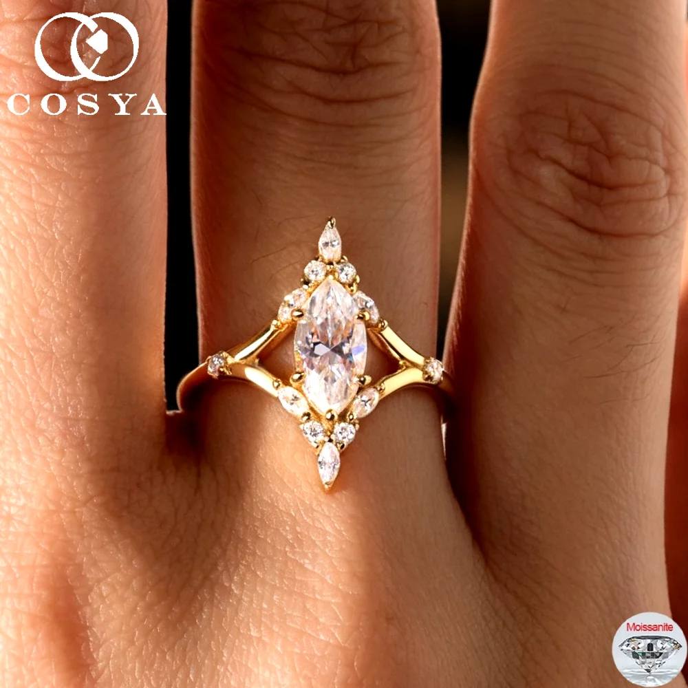 COSYA 1CT 5*10mm Marquise Cut Moissanite Rings For Women S925 Silver Plated 18K Gold D VVS Luxury Wedding Band Fine Jewelry