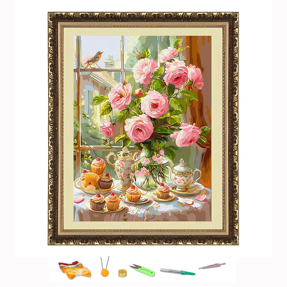 Cross Stitch Embroidery Kit Roses On The Windowsill Thread Drawing DIY Needlework Kit Decorate Printed on Canvas 11CT