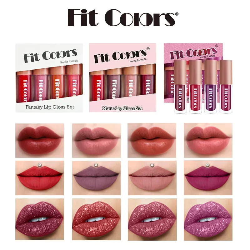 Fit Colors 4-teiliges Samt-Lipgloss-Set – Nicht transferierende, matte Diamant-Finish, langlebige, wasserfeste Lipgloss-Kollektion