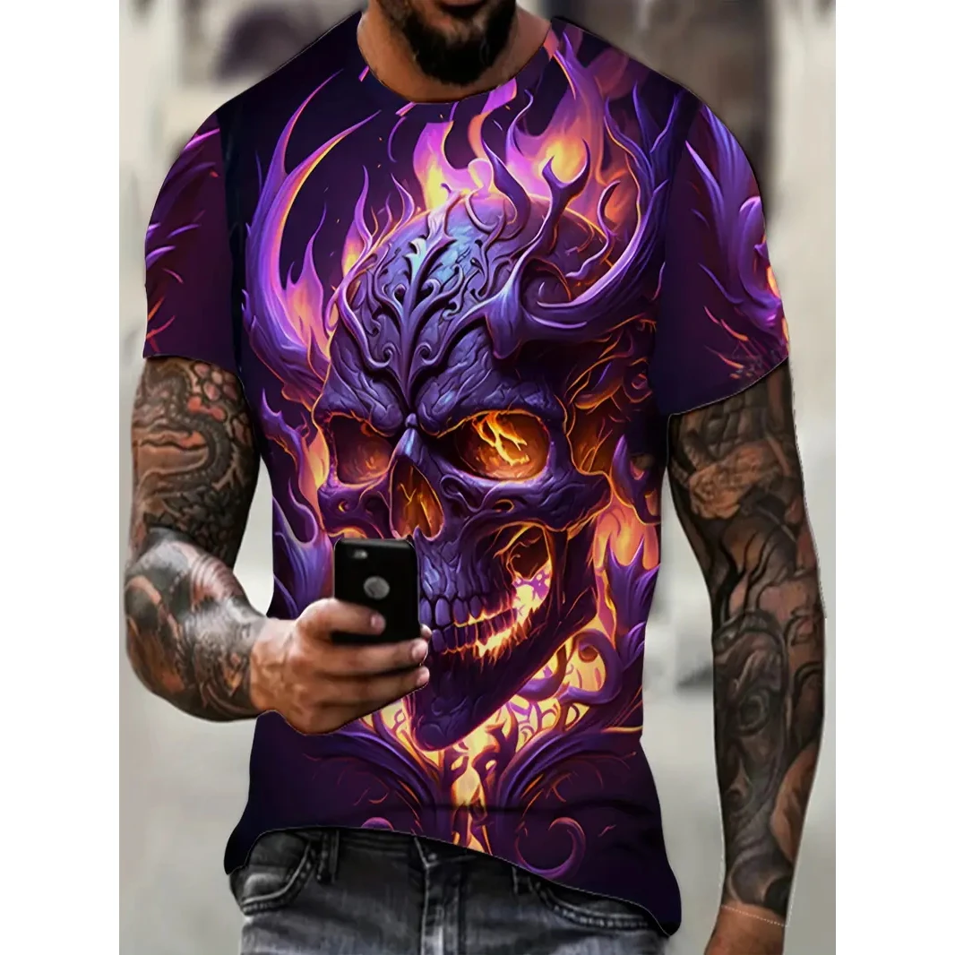 Men\'s T-Shirt Glow Skull Flames Graphic 3d Print Funky Short Sleeve Tees For Summer Oversized Men\'s Clothing Casual Pullover