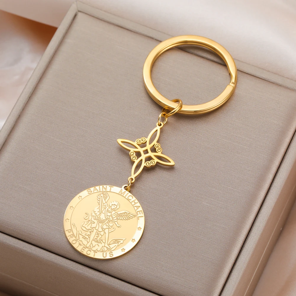 Dawapara Saint Michael Keychain  Witch Knot Double Protection Pray for Us Archangel Religious Jewelry Stainless Steel Keyring
