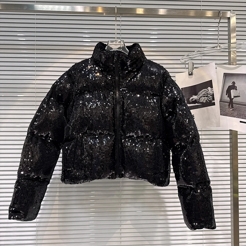Winter Stand Collar Cold Proof Bread Down Jacket Female Sequin Cotton Down Jacket Women White Duck Down Warm Padded Outwears