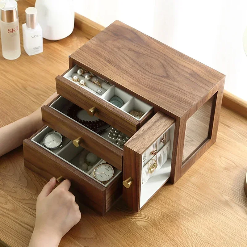 Earrings Necklaces Watch Storage Box Solid Wood Girl Wedding Rings Drawer Type Jewelry Organizer Bracelets Vanity Display Case