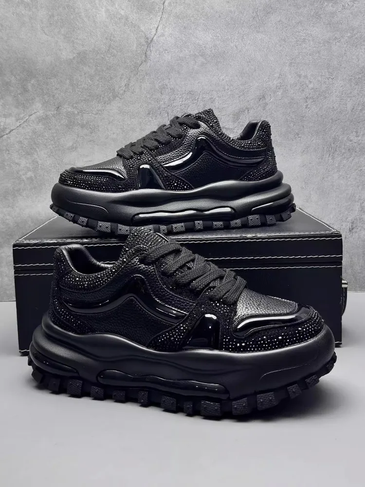 Mens Casual Shiny Diamonds Shoes Lace Up Low Cut Crystal Thick Platform Skateboard Shoes New Height Increasing Joggers Sneakers