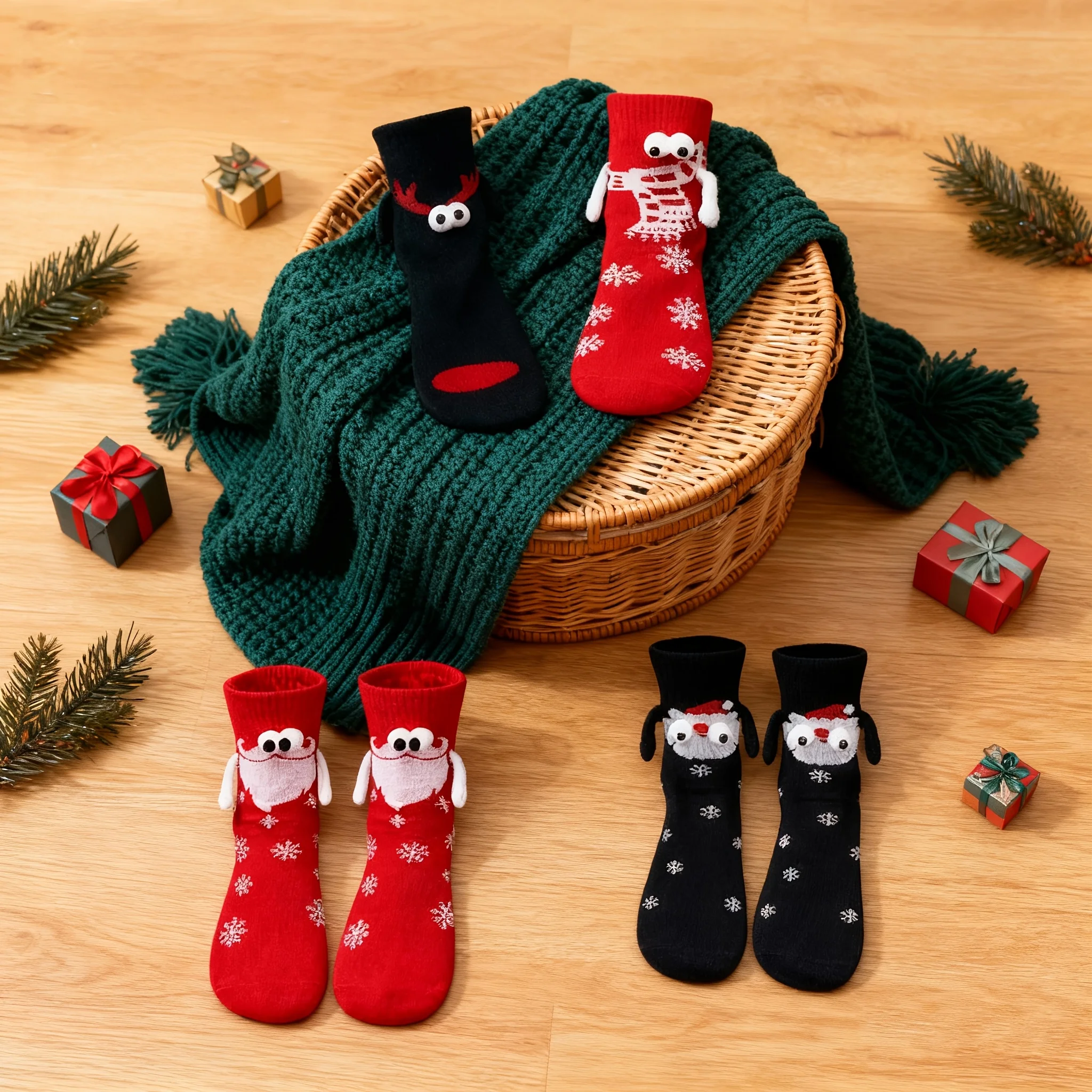 6pairs Cartoon Christmas Socks with Magnetic Design - Playful Holiday Socks, Hand Wash Care, Soft Fabric Socks, Christmas Wear