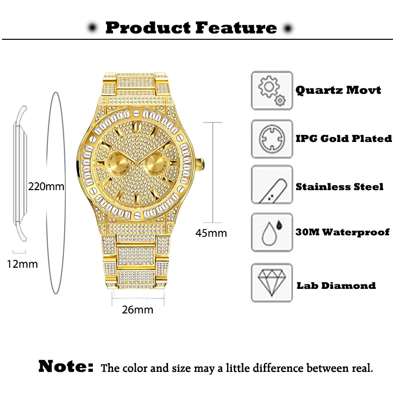 Mannen Luxe Horloges Goud Kalender Week Weergave Grote Gezicht Quartz Horloge Voor Grote Pols Man Stijlvolle Hip Hop Volledige iced Drop Klok