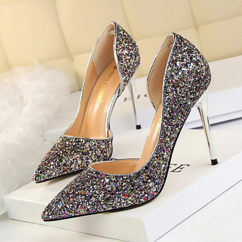 

Ladies Shoes Style Sexy Nightclub Slim Women's With Thin High Heels Shallow Mouth Pointed Side Hollow Sequin Single Women Pumps