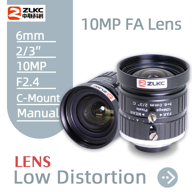 ZLKC 6mm FA Lens 10MP 2/3 Inch F2.4 Manual Iris C Mount 10Megapixel Camera Lens Wide-Angle for Machine Vision