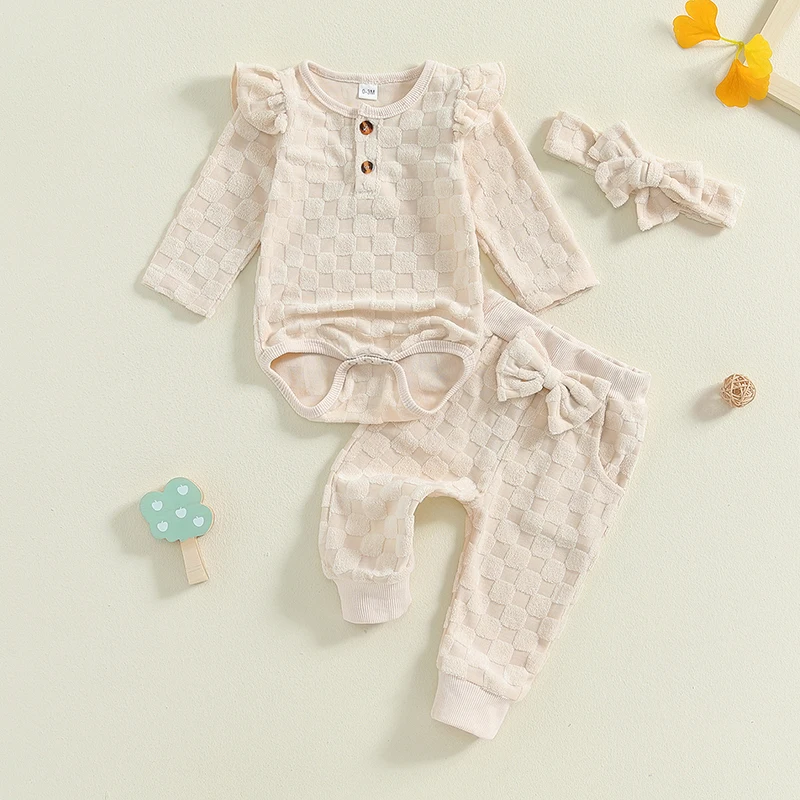 2024-06-18 Lioraitiin Baby Girls Set Checkered Button Long Sleeve Round Neck Ruffled Romper Bow Long Pants Hair Band Outfits