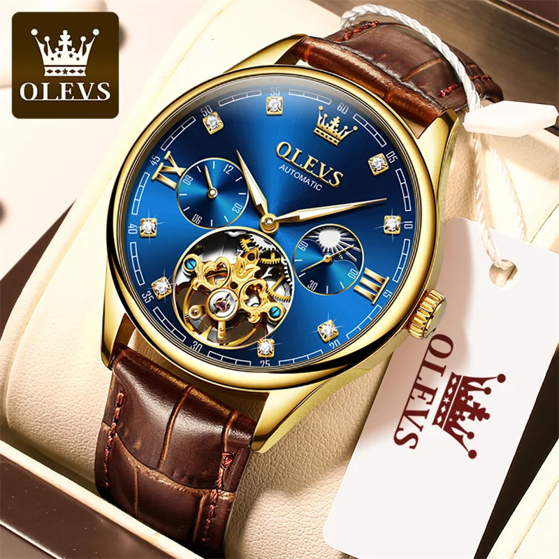 OLEVS Brand Classic Moon Phase Men Watches Automatic Mechanical Watch Men Tourbillon Clock Leather Waterproof Gold Blue Reloj