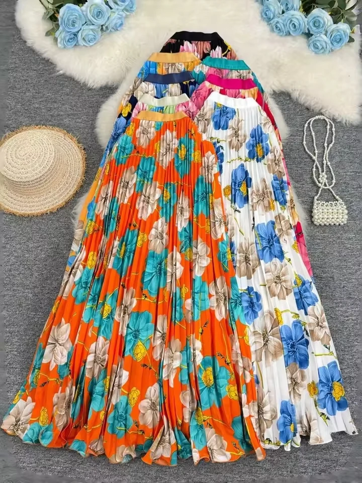 2026 New 3D Floral Pleated Large Hem Women's Skirts Spring Summer Holiday Style High Waist Elegant Long Skirt
