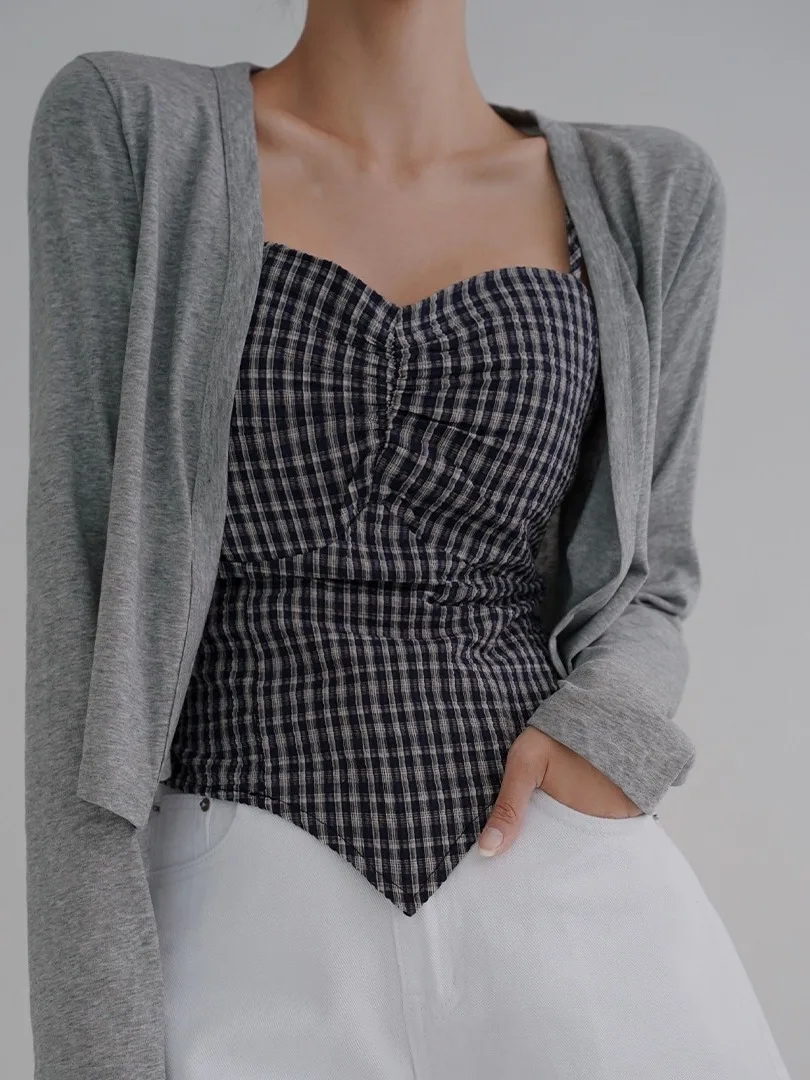 

Корейский женский легкий кардиган с клетчатыми ремнями Long Sve, модный комплект из двух предметов, облегающий базовый топ