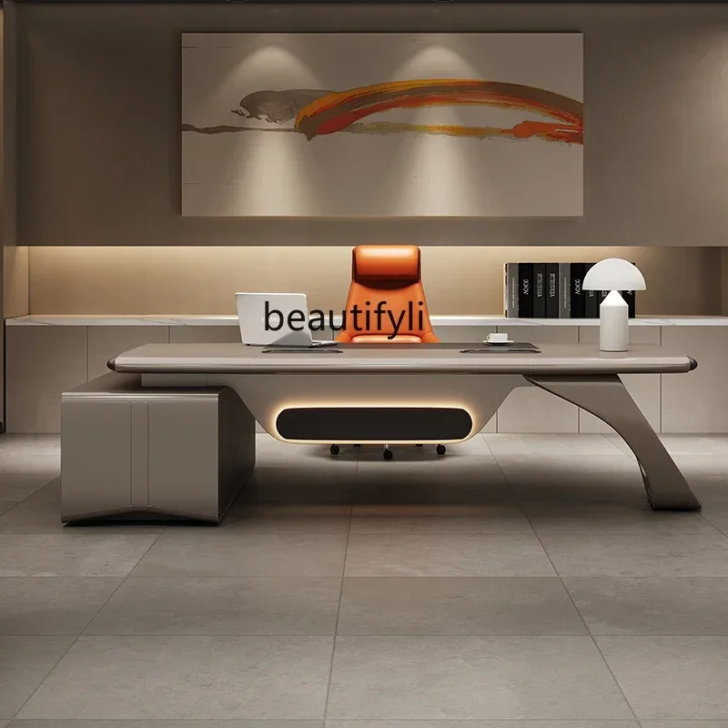

Desk background cabinet light luxury high sense president table file cabinet minimalist table and chair combination