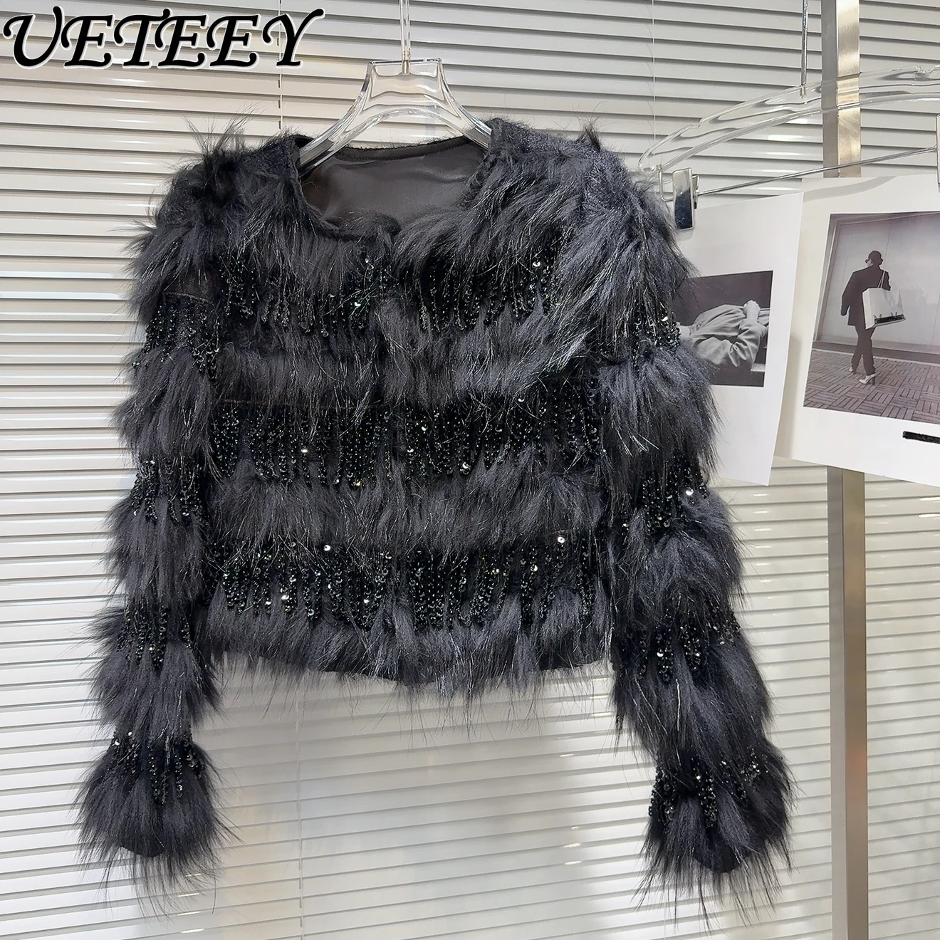 Winter New Celebrity Beaded Tassel Fox Hair Down Liner Fur Jacket Temperament Women's Crew Neck Black Long-sleeved Short Coat