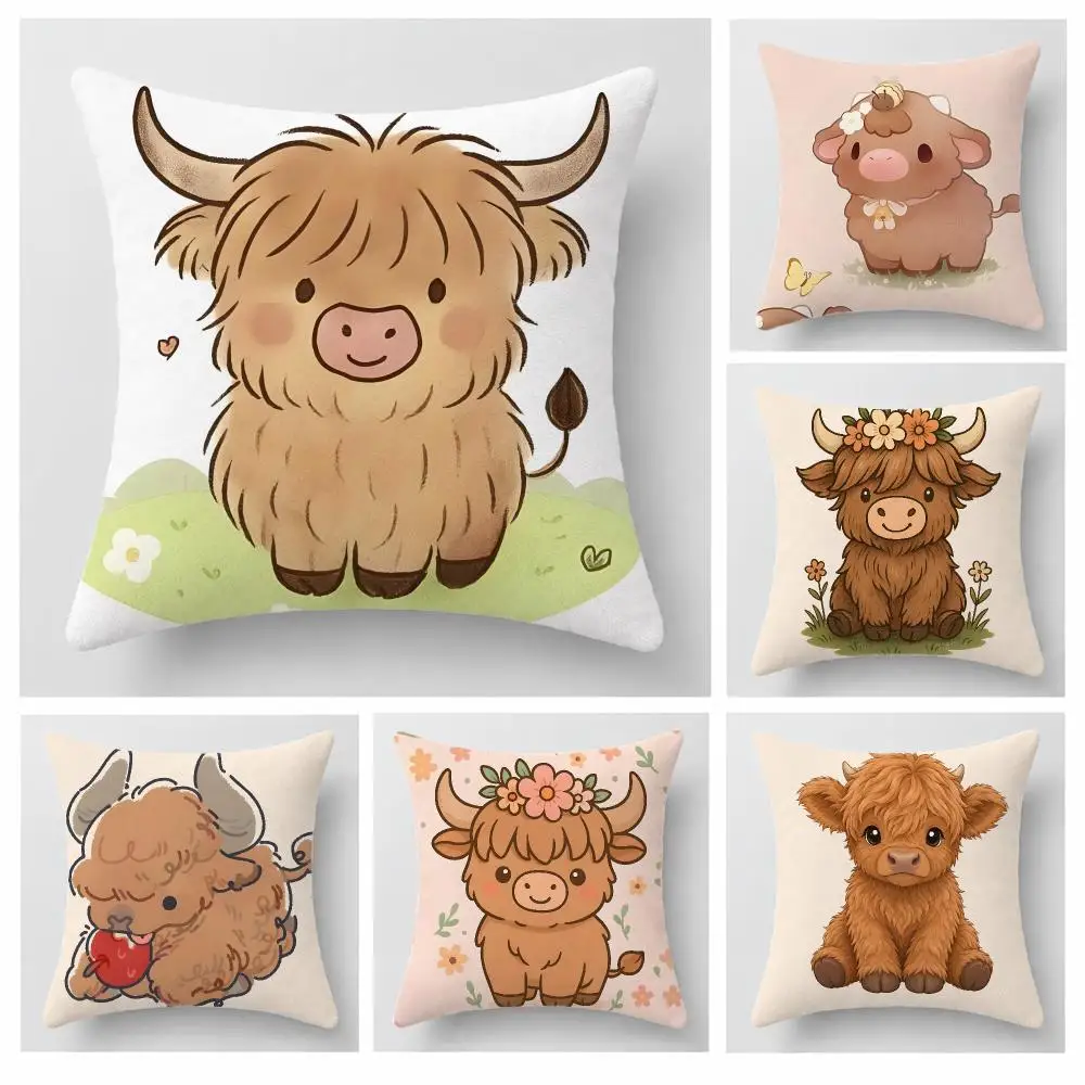 Animal Highland Cow Cushion Cover Short Plush Pillowcase, Sofa Bedroom Home Decor, Ideal Holiday Gift