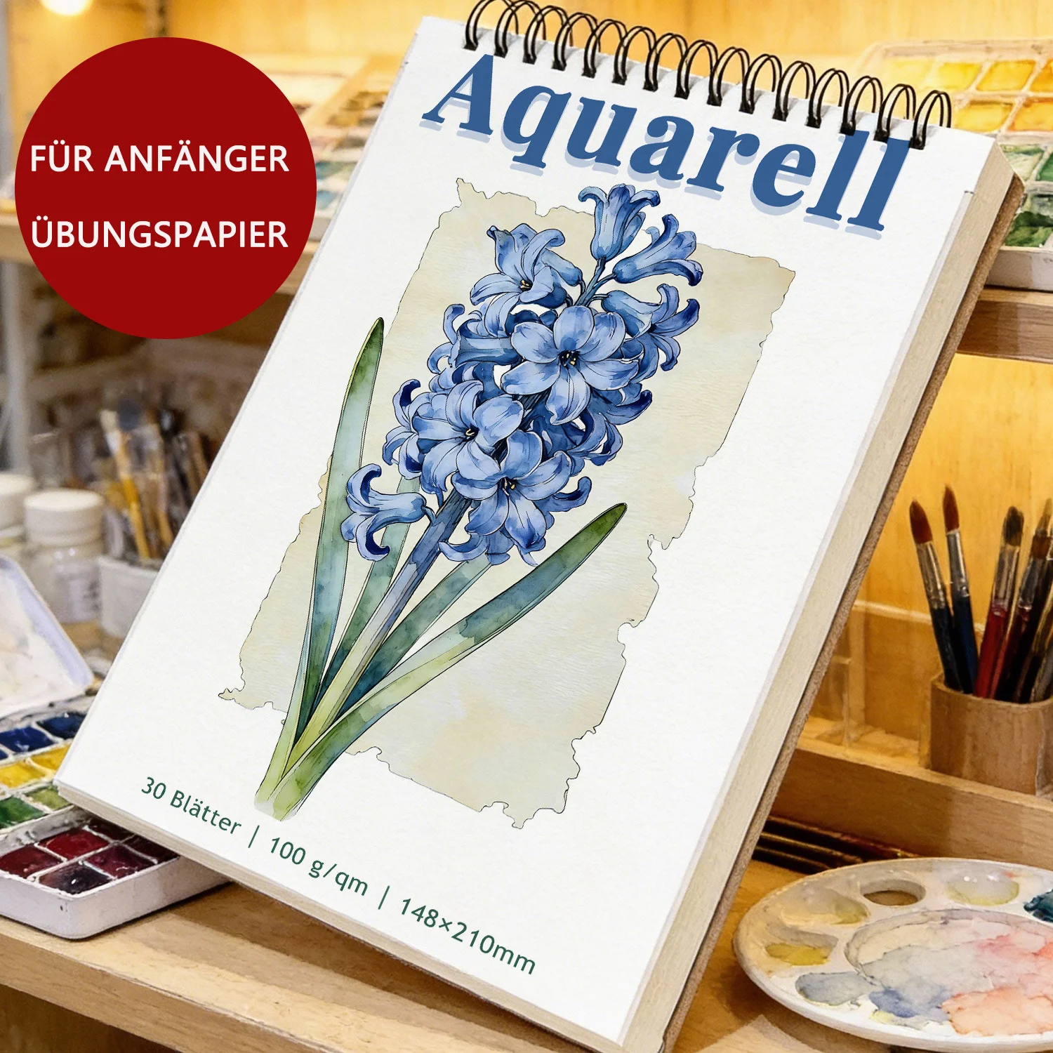 30-Sheet A5 Spiral Watercolor Sketchbook with Hyacinth Floral Cover - A5/A4 Watercolor Paper Pad & Mat Suitable for Watercolo