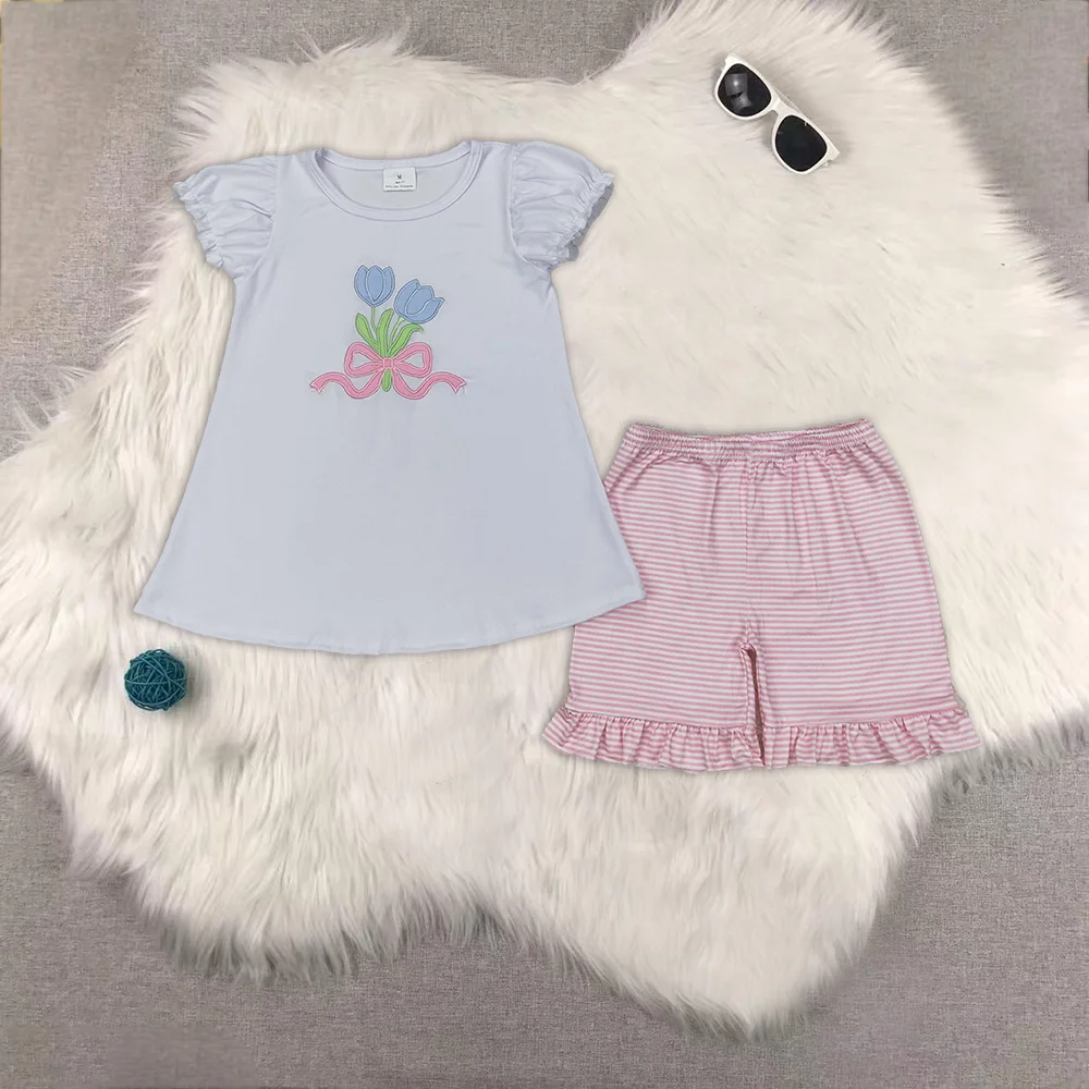 

Embroidery Baby Girls White Tulip Bow Tops Ruffle Shorts Clothes Sets