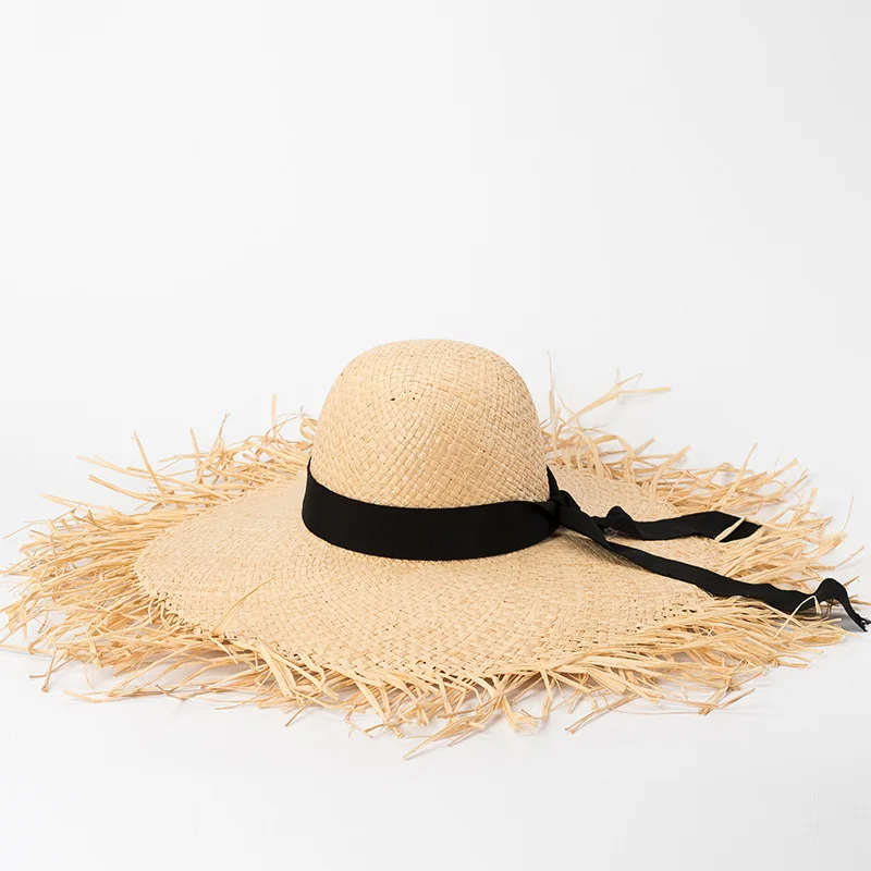 

X262 Raw Brim Raffia Straw Hat Bow Raffia Sun Cap Outdoor Travel Sunscreen Beach Caps Straw Raffia Sun Cap Adjust Size