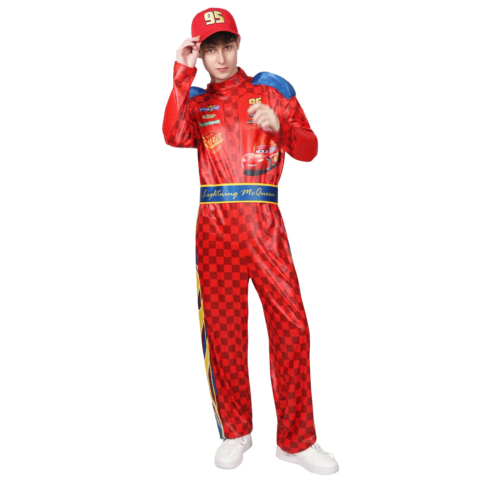 Adult Lightning Racing Driver Costume Men Red 95 Racer Jumpsuit with Hat Cosplay Outfit Halloween Carnival Party view 5