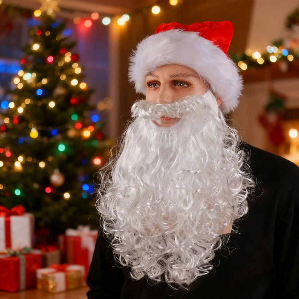 Weihnachtsmann-Kostüm, Bart und Hut-Set, Weihnachten, Weihnachtsmann, Weihnachten, roter Hut, Weihnachtsmann, weißer Bart, Set für Männer und Frauen, Kleid-Requisiten, Neujahr