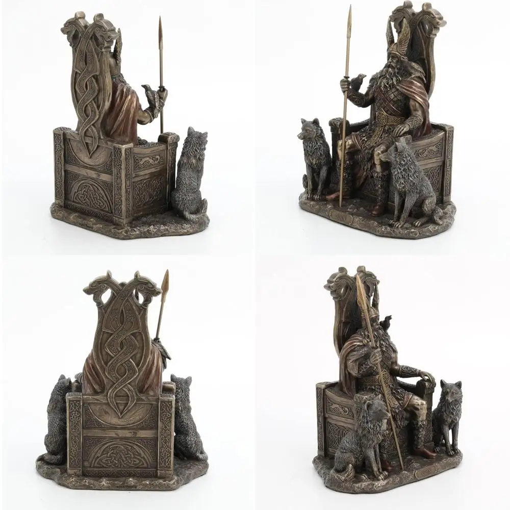 

Bronze-Finished 8.625 Odin with Wolves Throne Resin Sculpture, Viking-Themed Decor Statue