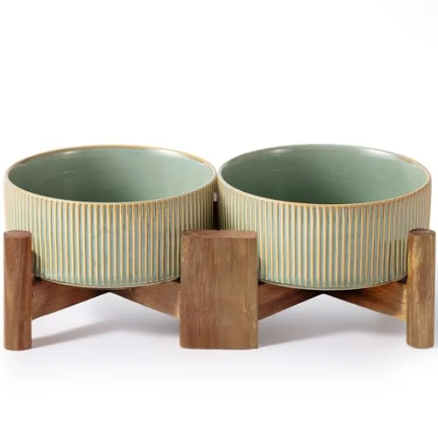 

Ceramic Dog Bowls Set with Acacia Wood Stand 3.5 Cups Pet Bowls Set of 2 for Medium Dogs Cute Dog Food Bowl Cat Bowls