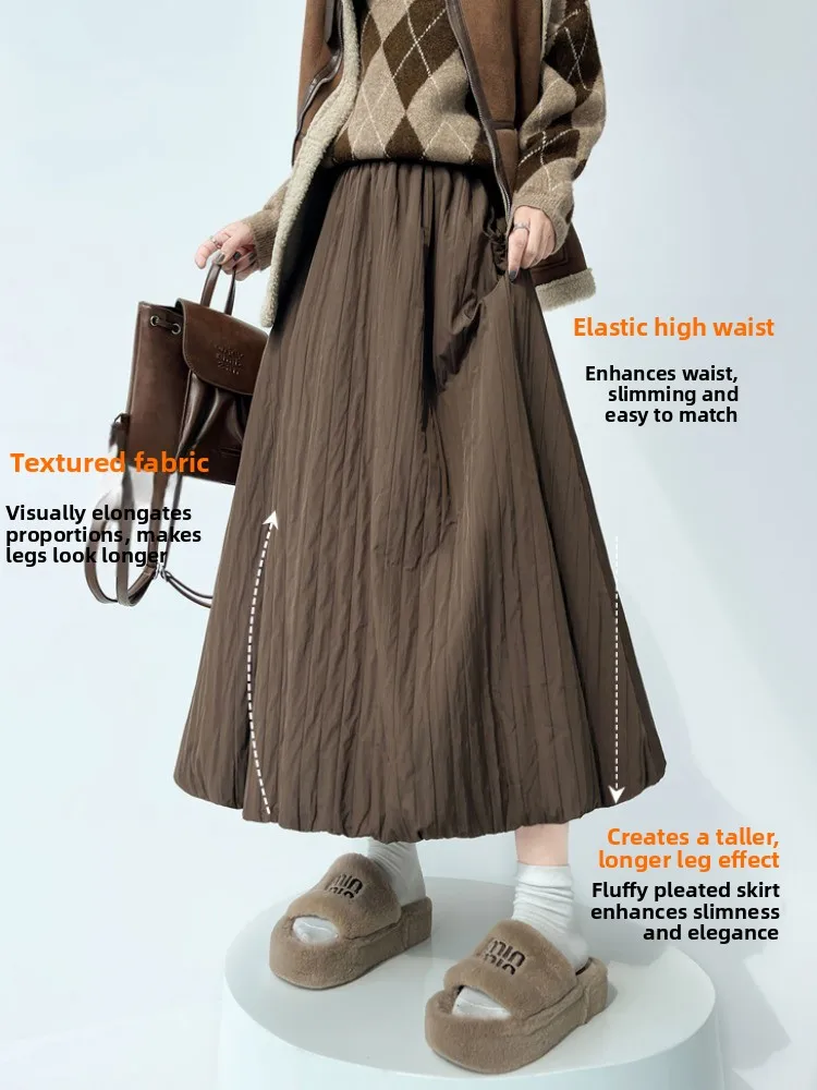 Spódnica midi w kształcie litery A z wysokim stanem, ocieplana, damska, jesienno-zimowa, wyszczuplająca, o długości do połowy łydki, spódnica typu parasol, wypełniona bawełną.