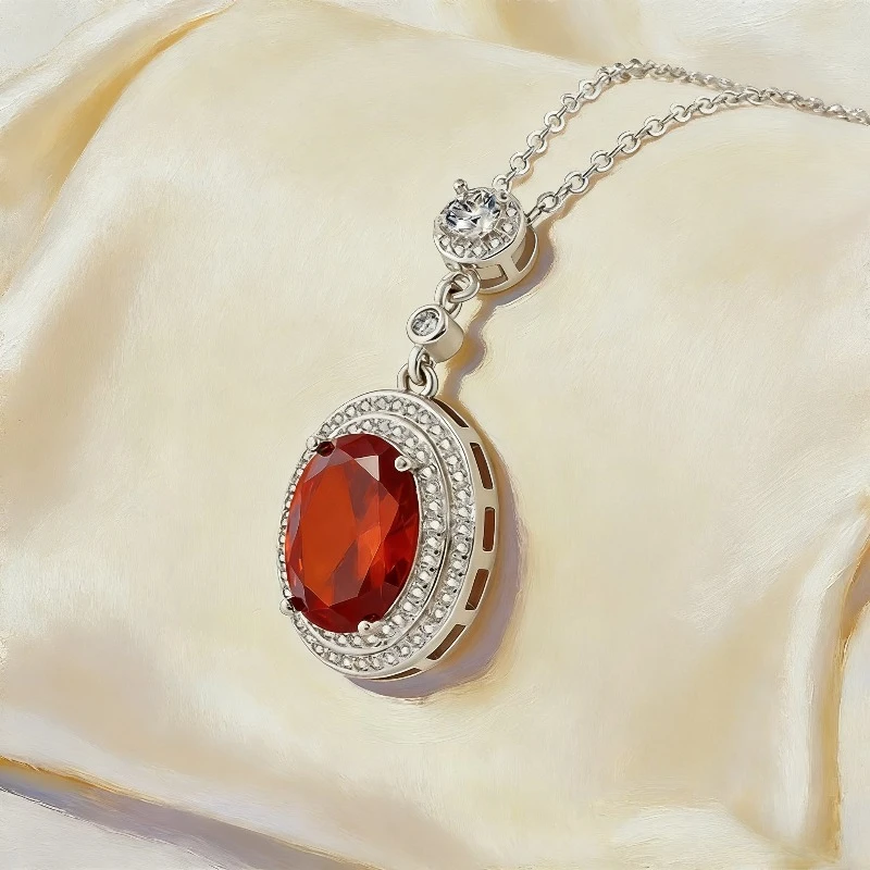 925 Sterling Silber Doppel-Halo-Anhänger. Atemberaubender Feuerroter Zirkonia, Zarte Kette. Eleganz für Frauen. – Detail 5