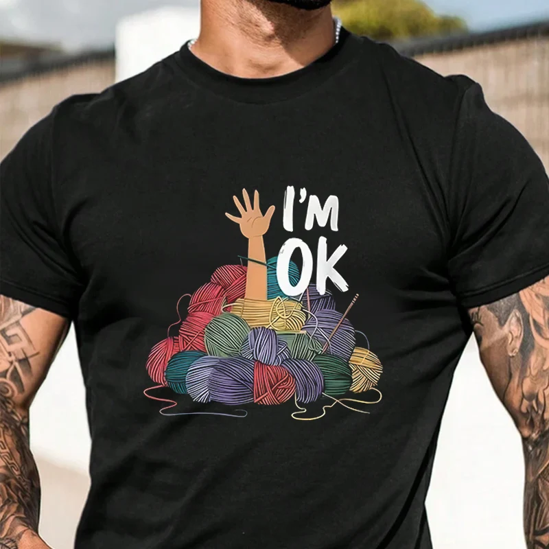 

I'M Fine With A Vintage Yarn Crochet Men's Graphic Print T-Shirt Casual Street Style Suitable For Travel And Sports Tee