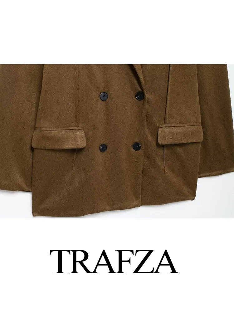 TRAFZA Women Autumn Fashion Loose Coats Solid Turn-Down Collar Pocket Decorate Double Breasted Female Casual Blazers Coat