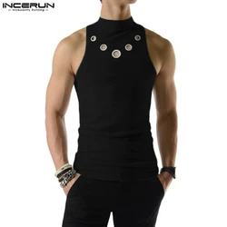 INCERUN Fashion Men Tank Tops Hollow Out Solid Turtleneck Sleeveless Male Vests Streetwear Summer 2023 Casual Men Clothing S-5XL