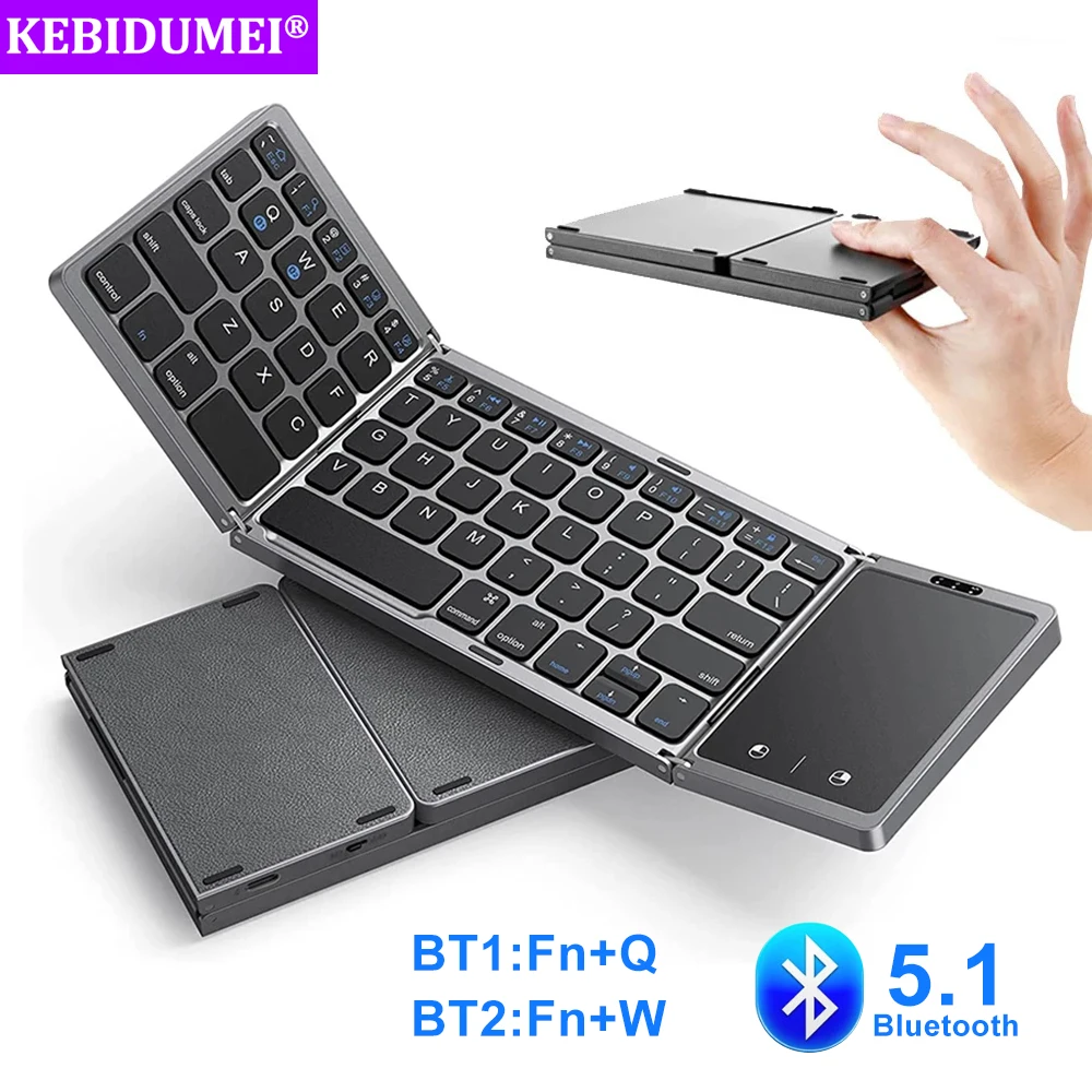 3-Folding Keyboard Mini Wireless Keyboard Foldable Dual Bluetooth Keyboard with Touchpad for Windows Android IOS iPad Phone