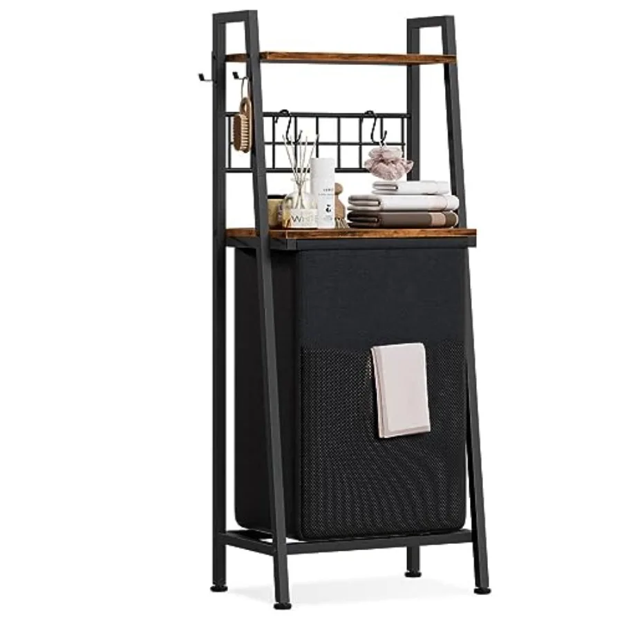 

Laundry Hamper Vertical Laundry Basket with 2 Tiers Wooden Shelf and Hooks Clothes Hamper with Pull-Out and Removable Bag for B