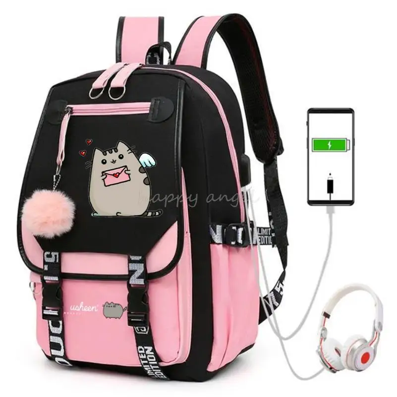 Hot Fat Cat Backpack Girl School Bag for Teenage College Wind Women SchoolBag High Student Bag Purple Canvas Bundle Usb Backpack