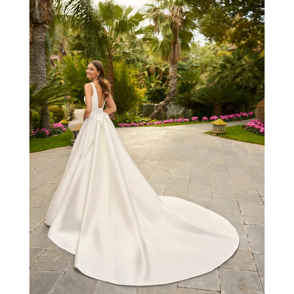 Elegante simples vestido de casamento personalizado com decote em v cetim a linha varredura trem vestido de noiva com bolsos arco vestidos de novia