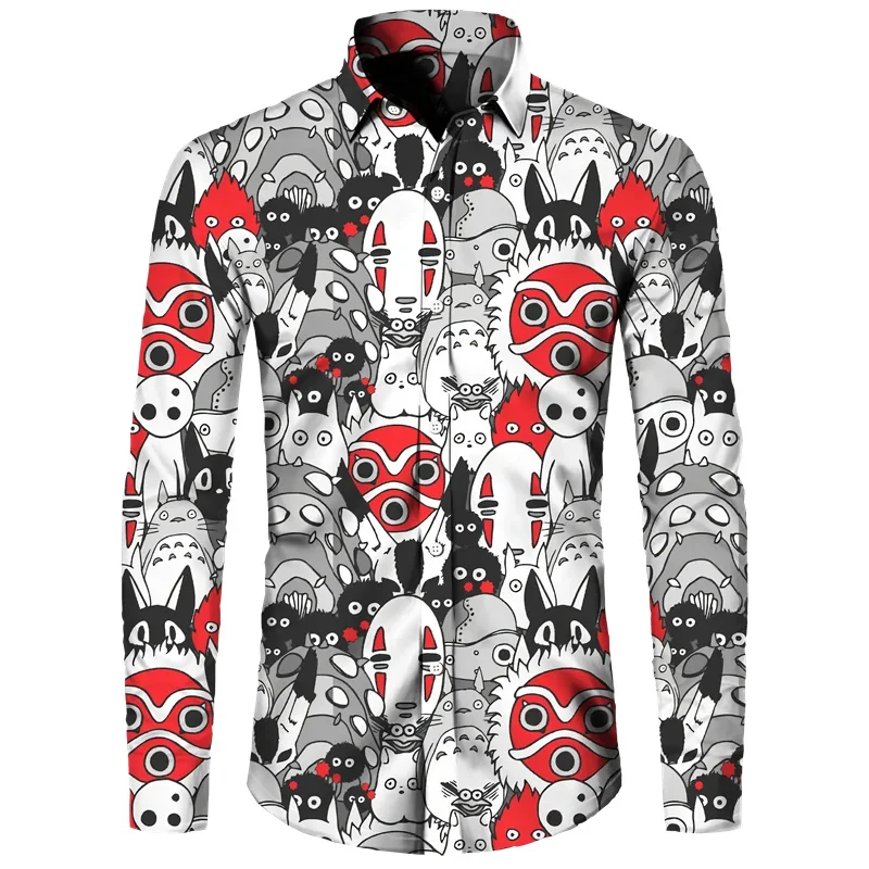 Fashionable new cartoon pattern men's long sleeved shirt, casual street art men's shirt