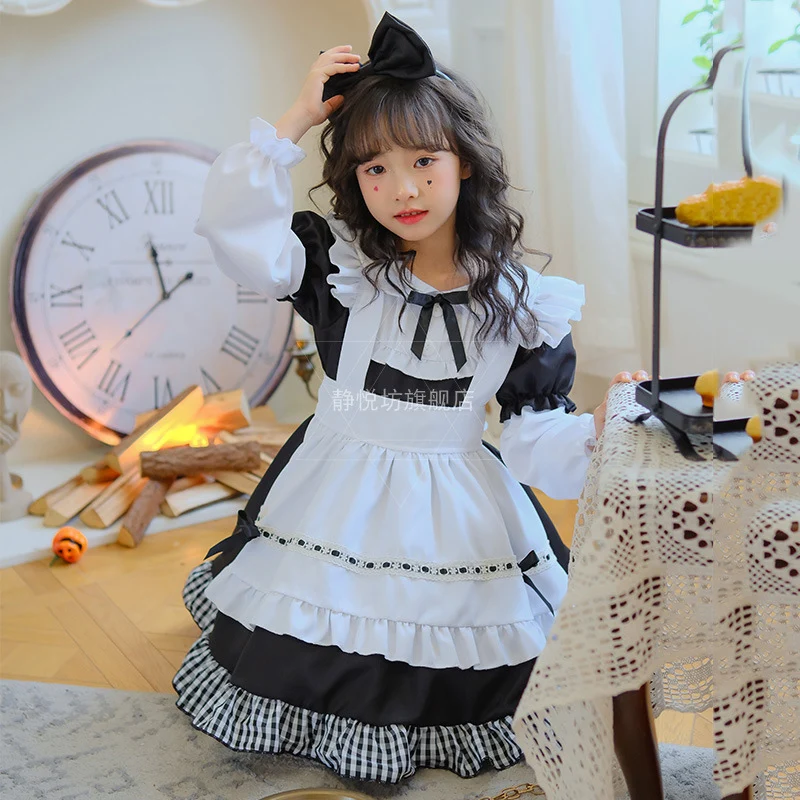 Robe de femme de chambre à manches longues à carreaux noirs et blancs Lolita, princesse, fille, vêtements de performance, anime, cosplay, olympiques d'Halloween