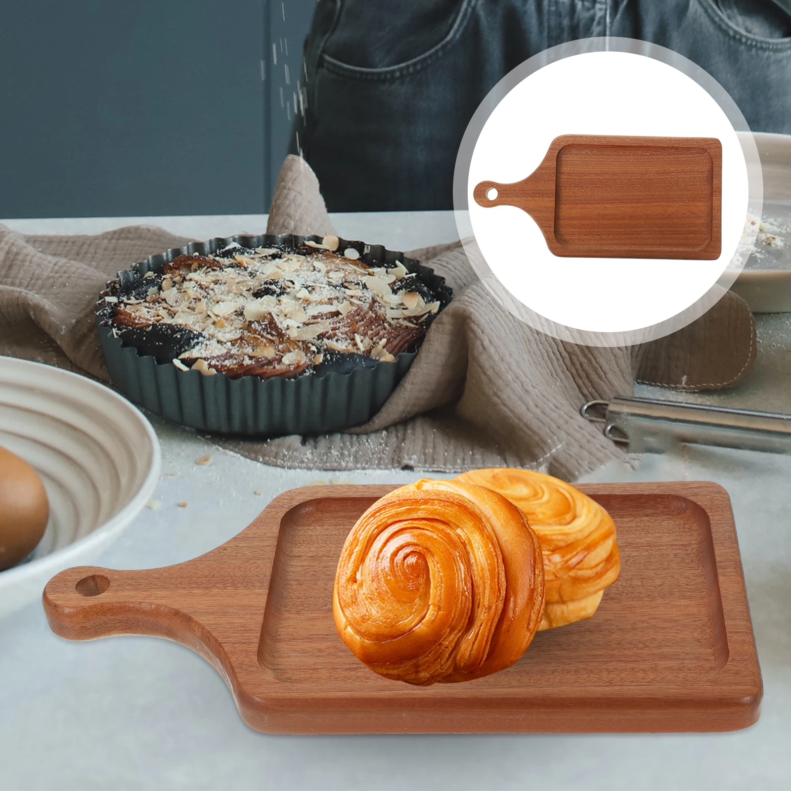 

Natural Solid Wood Serving Tray Multi-Use Charcuterie Board Wooden Cutting Board With Handle For Pizza Bread Home