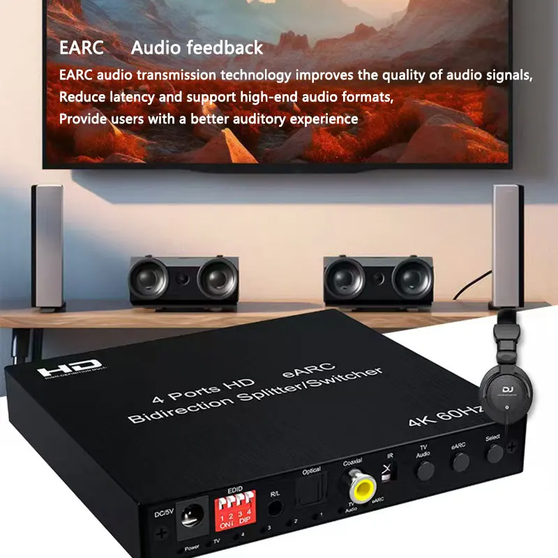 4K 60Hz 4ポートeARC双方向スプリッターオーディオエクストラクター、2ポートスイッチャー（HDMI、OSLink、SPDIF、COAXIAL、5.1chオーディオ対応）