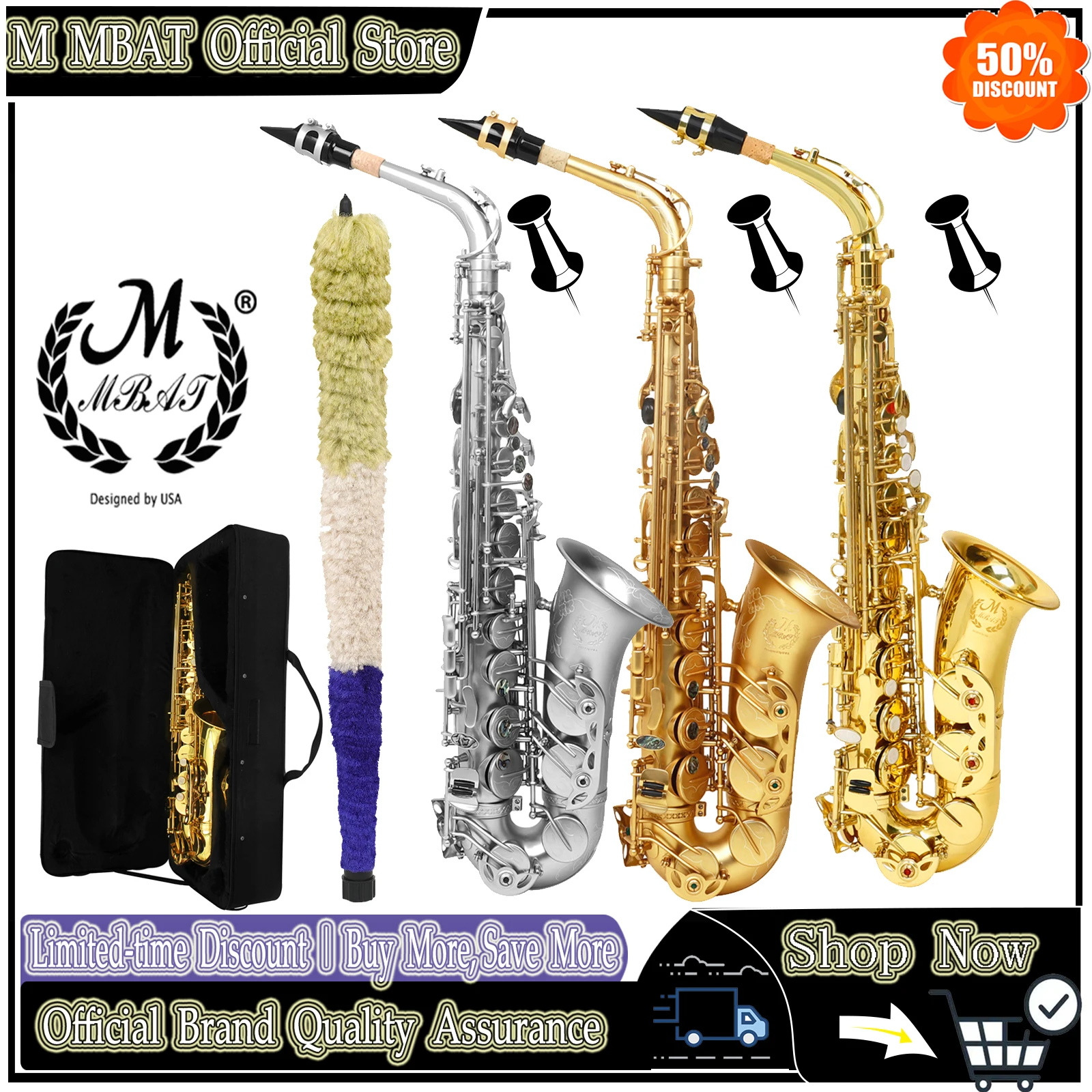 Saxofone Alto Eb M MBAT - Instrumento de Sopro Profissional em Latão com Estojo, Bocal e Luvas - Mais Vendido
