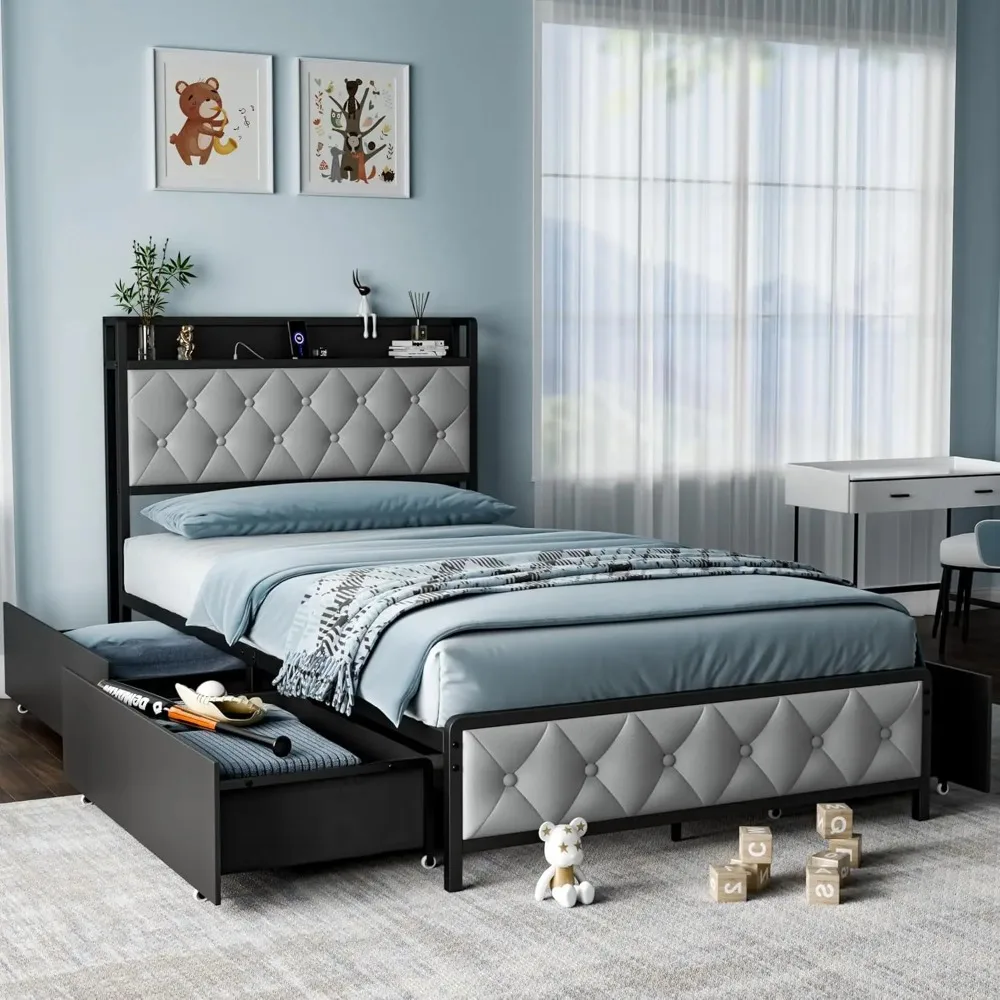 

Twin Bed Frame with Button Headboard, PU Leather, All-Metal Support Platform Twin Bed with Storage and Outlets, Easy to Install,
