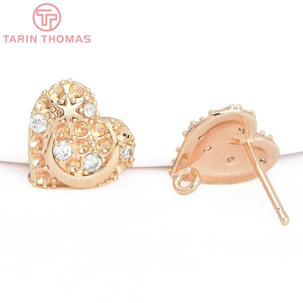 (2385) 4PCS 12x11MM 24K Gold Color Brass with Zircon Heart Shaped Star Moon Stud Earrings High Quality DIY Jewelry Findings