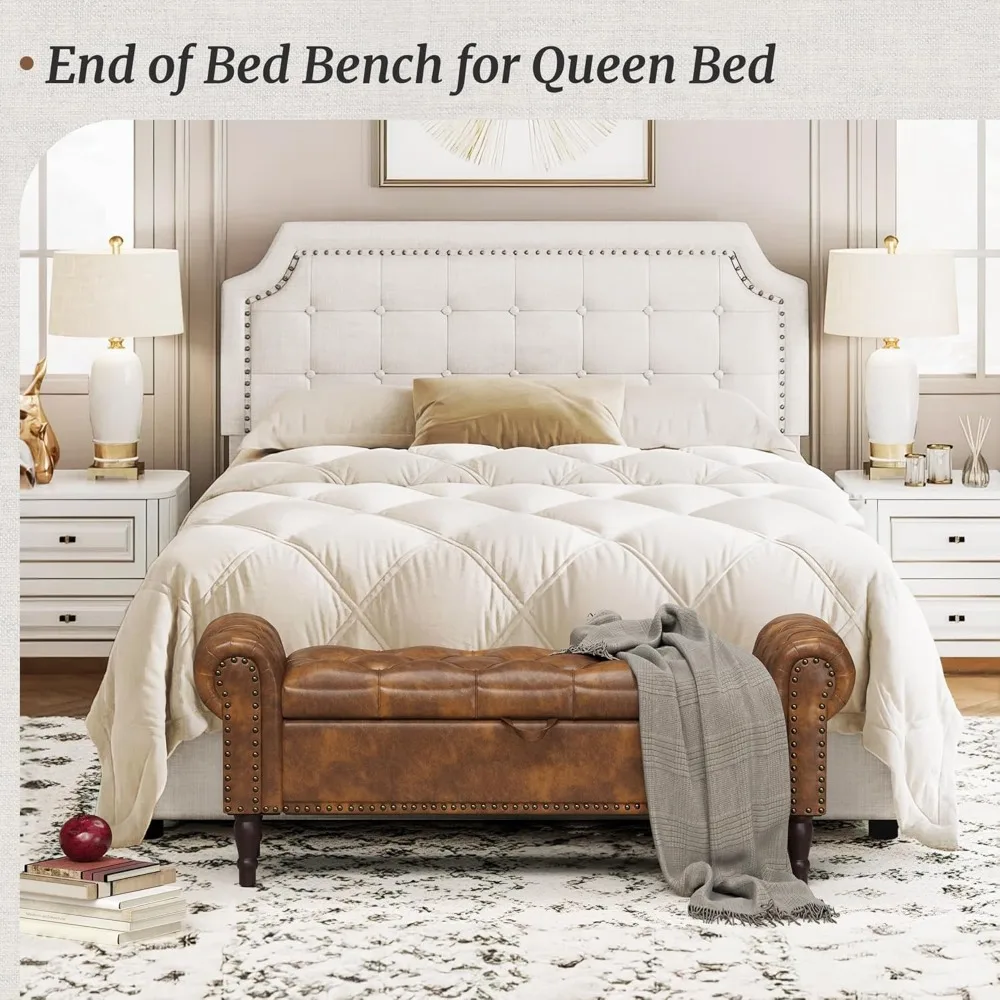 مقعد تخزين منجد من الجلد الصناعي بحجم كوين مع تصميم أزرار معنقدة وذراع ملفوف وحواف رأس أظافر لغرفة النوم