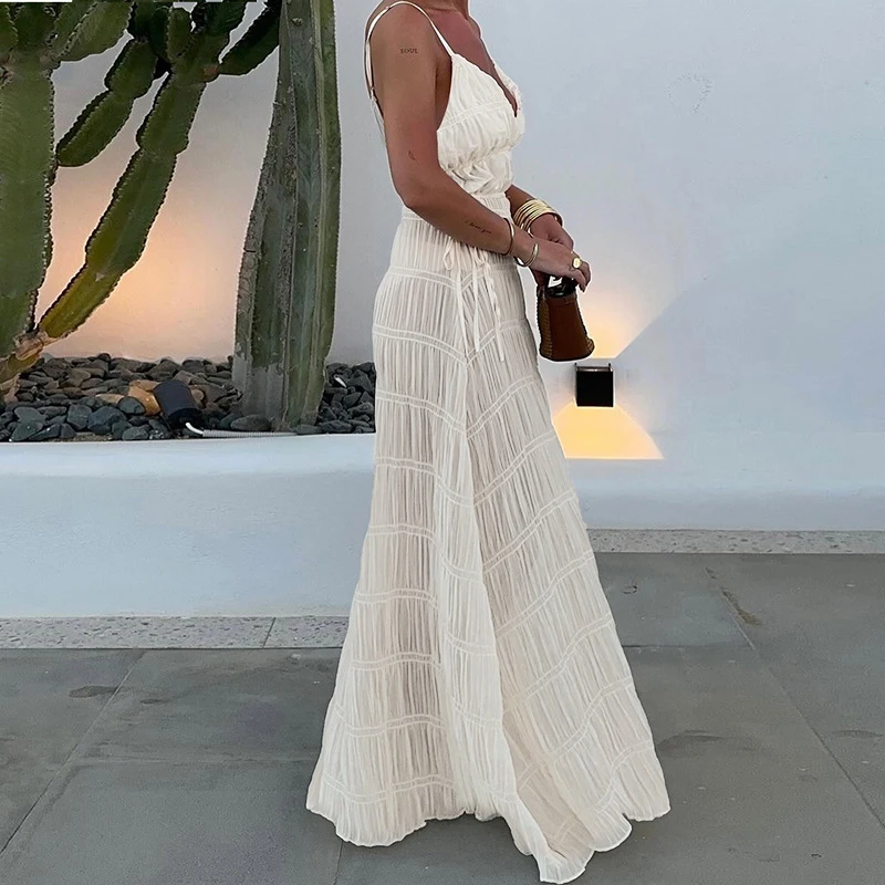 Verão sólido com decote em v bohe vestido de festa feminino sexy cintura alta grande balanço praia vestido casual sólido alça ajustável maxi vestido mujer