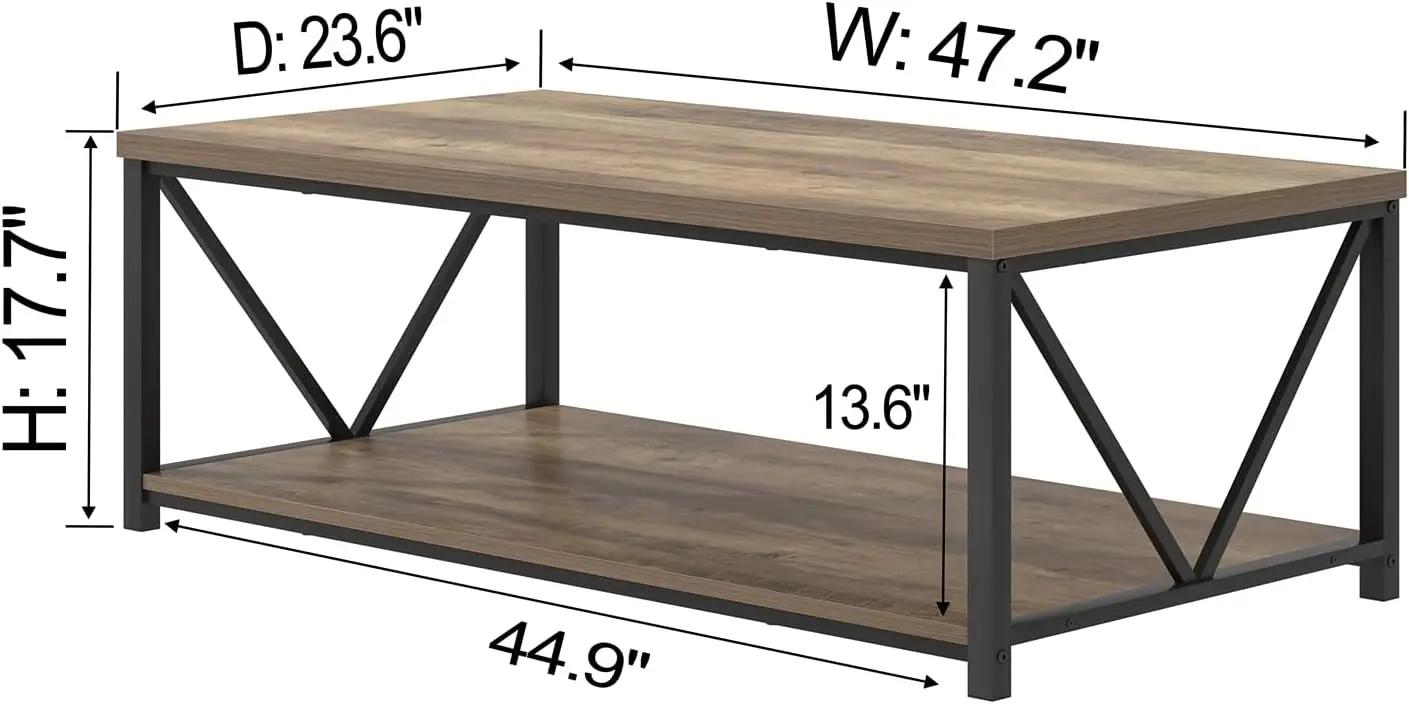 Modern Coffee Table, Living Room Center Tables with Storage, Wood and Metal Cocktail Table, Rustic Oak, 47 Inch Café Tables
