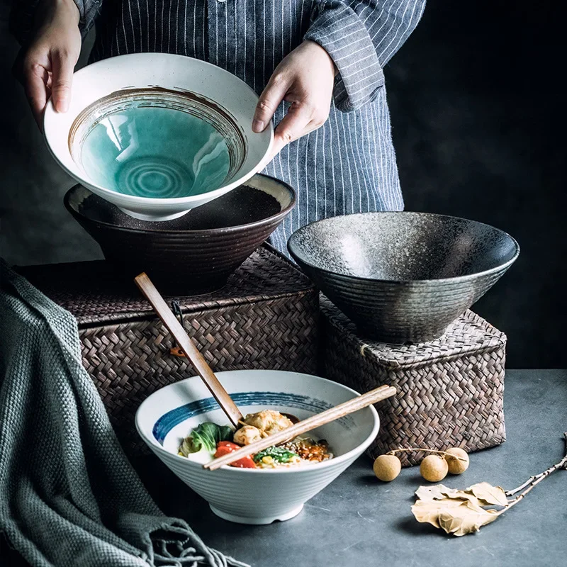 

Japanese ceramic bowl creative ramen bowl household noodle soup large hat commercial horn bowl tableware set wholesale