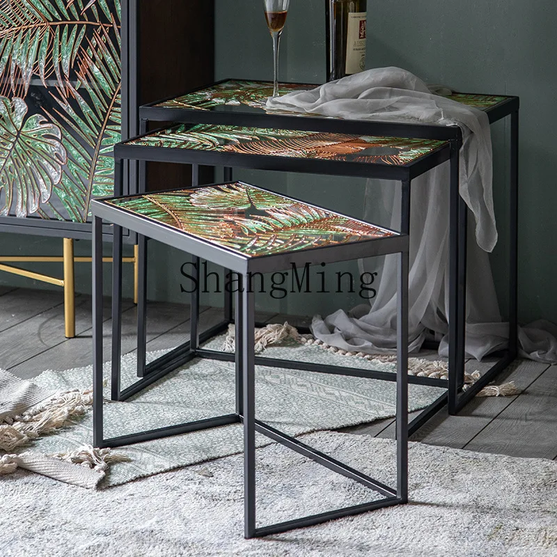 

SM new tempered glass edge next to the sofa in the living room, light luxury hand-painted enamel three-piece coffee table