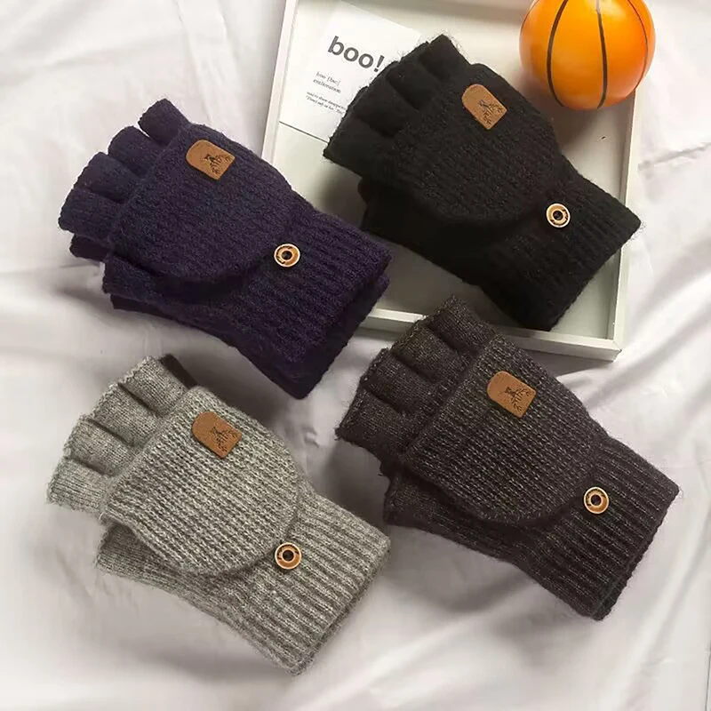 1Pair Thick Plush Protection Knitted Gloves Warm and Cold Resistant Gloves Split Finger Flip Cover for Men and Women