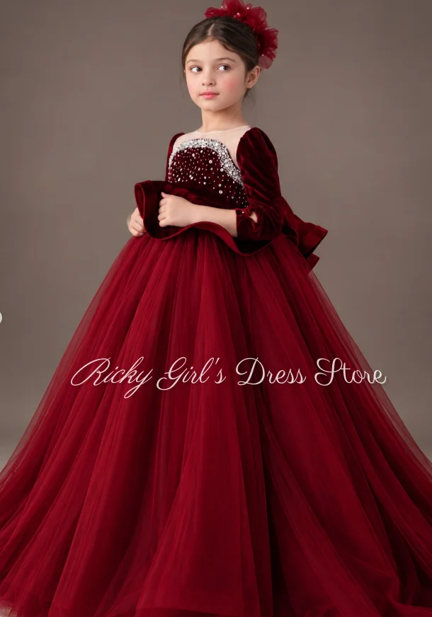 A Line Princess Wine Red Flower Girl Dresses For Wedding Beading Velvet Tulle Kids Birthday Party First Communion Gowns Custom