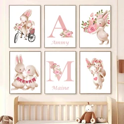 Pink Cartoon Rabbit Flower Canvas Painting Baby Custom Name Posters Print PicturesNursery Wall Art  for Kid Girl Bedroom Decor